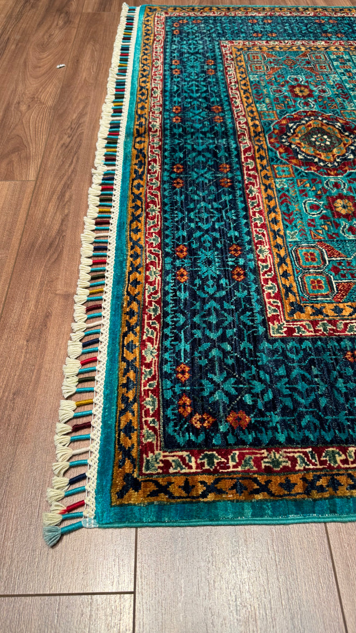 Mamluk Original Hand Woven Turquoise Vegetable Dyed Wool Carpet 132x177 2.34 Square Meters - 4x6 ft