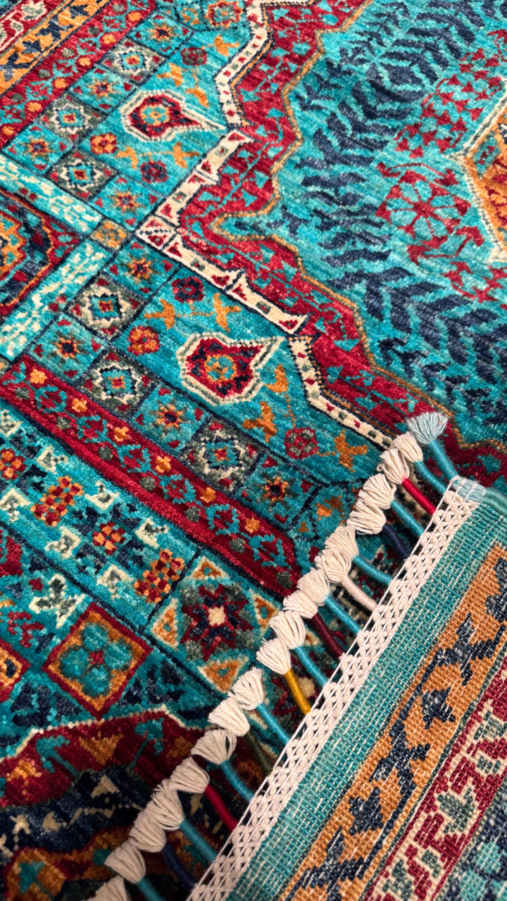 Mamluk Original Hand Woven Turquoise Vegetable Dyed Wool Carpet 132x177 2.34 Square Meters - 4x6 ft