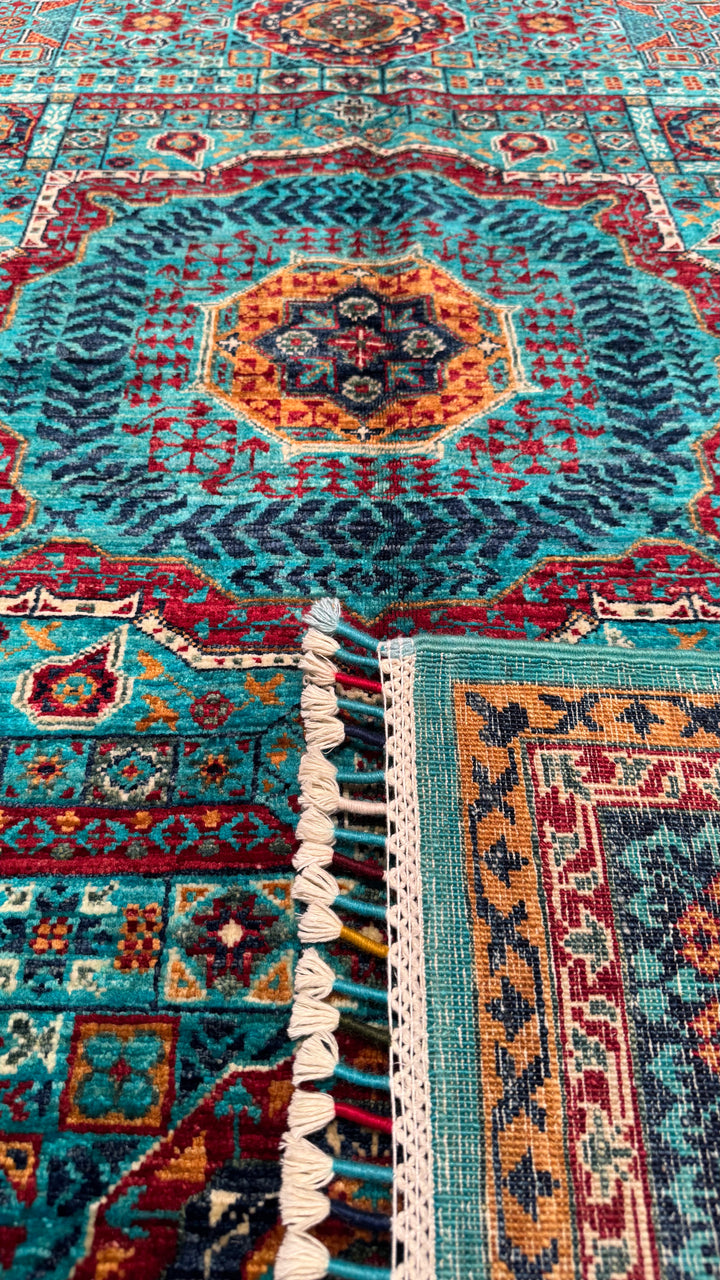 Mamluk Original Hand Woven Turquoise Vegetable Dyed Wool Carpet 132x177 2.34 Square Meters - 4x6 ft