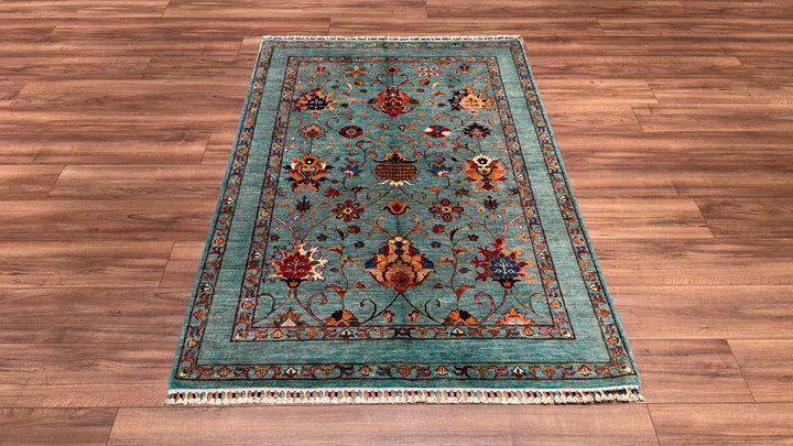 Sultani Binbirgece Original Hand Woven Turquoise Vegetable Dyed Wool Carpet 127x184 2.34 Square Meters - 4x6 ft