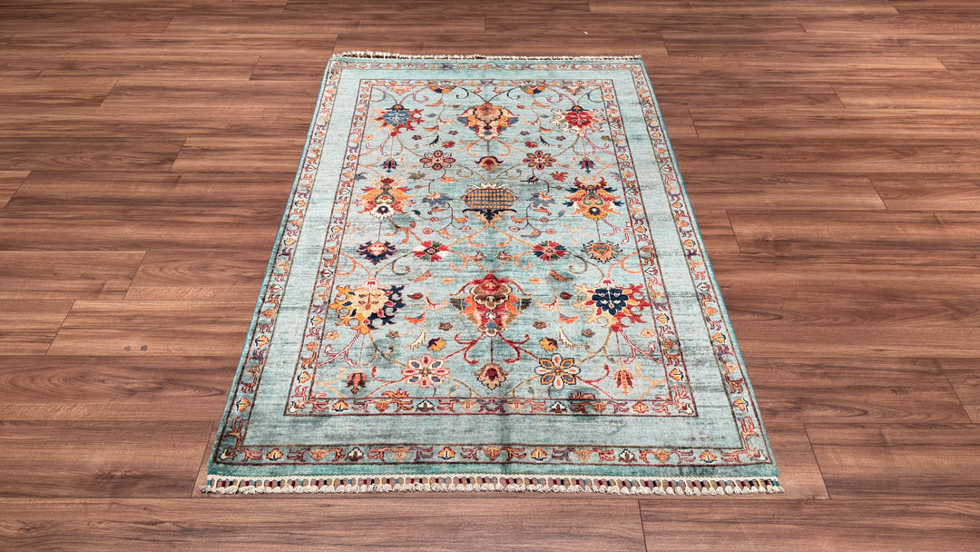 Sultani Binbirgece Original Hand Woven Turquoise Vegetable Dyed Wool Carpet 127x184 2.34 Square Meters - 4x6 ft