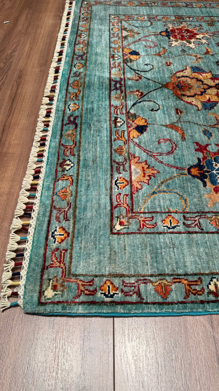 Sultani Binbirgece Original Hand Woven Turquoise Vegetable Dyed Wool Carpet 127x184 2.34 Square Meters - 4x6 ft