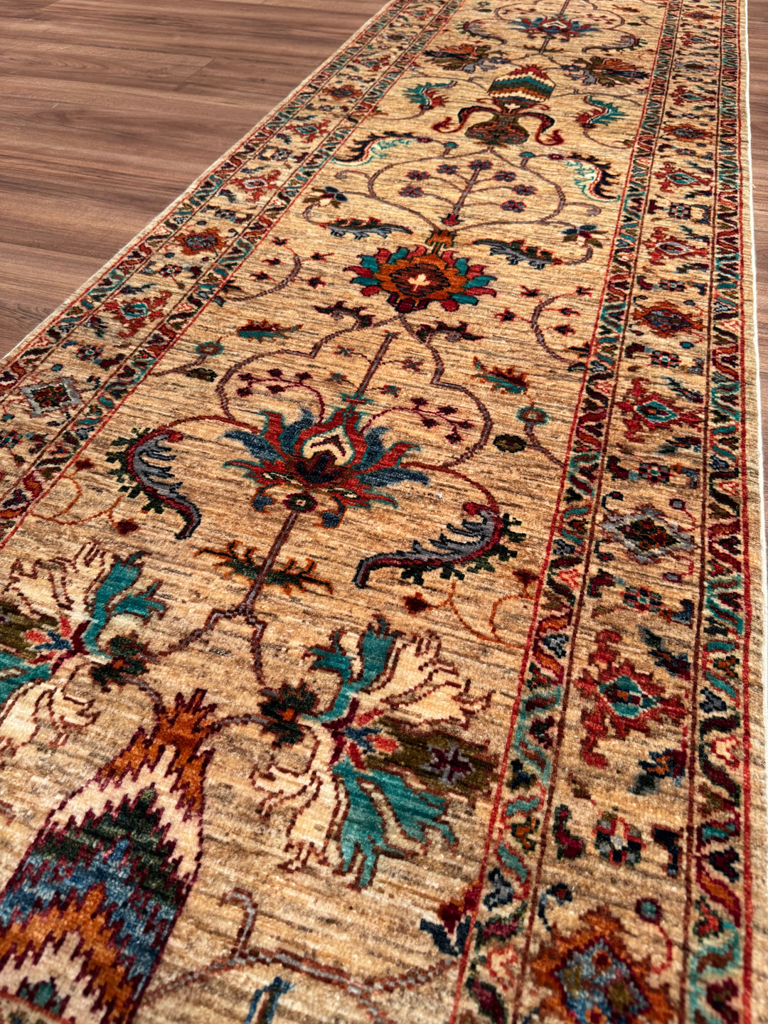 Sultani Binbirgece Runner Original Hand-Woven Beige Vegetable Dyed Wool Carpet 0.80x253 2.02 Square Meters - 3x8 ft