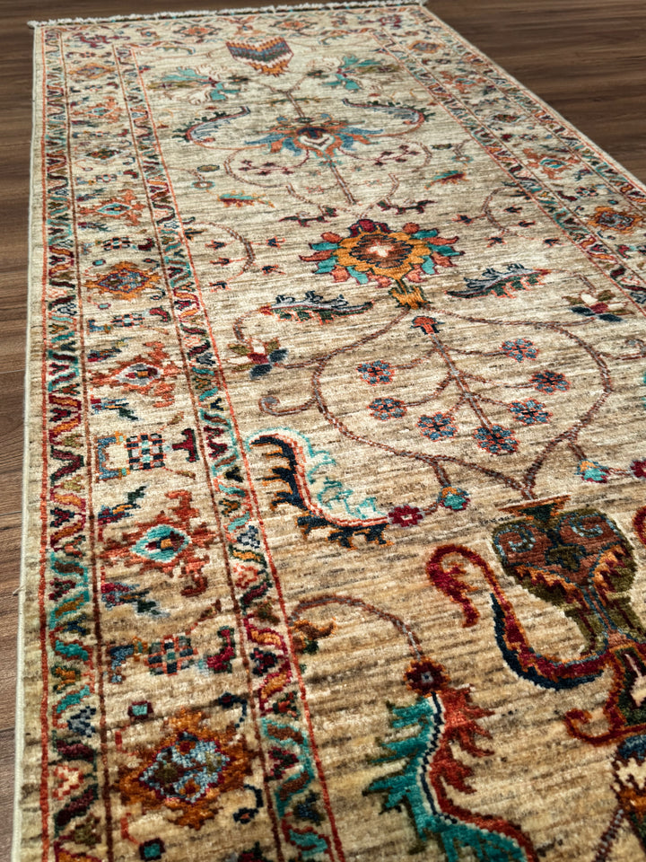 Sultani Binbirgece Runner Original Hand-Woven Beige Vegetable Dyed Wool Carpet 0.80x253 2.02 Square Meters - 3x8 ft