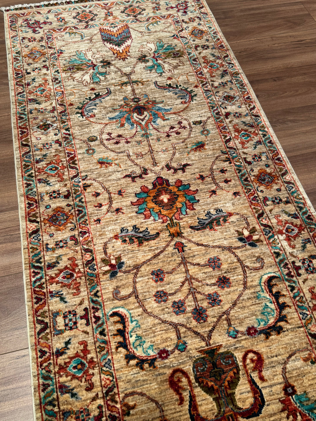 Sultani Binbirgece Runner Original Hand-Woven Beige Vegetable Dyed Wool Carpet 0.80x253 2.02 Square Meters - 3x8 ft