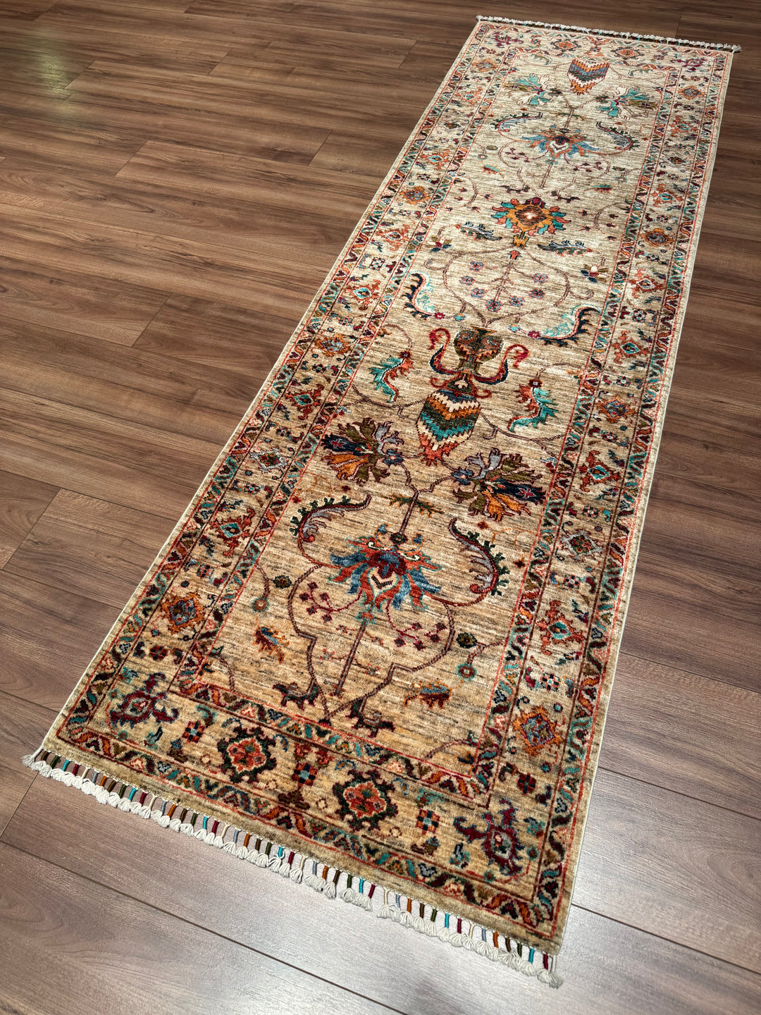 Sultani Binbirgece Runner Original Hand-Woven Beige Vegetable Dyed Wool Carpet 0.80x253 2.02 Square Meters - 3x8 ft