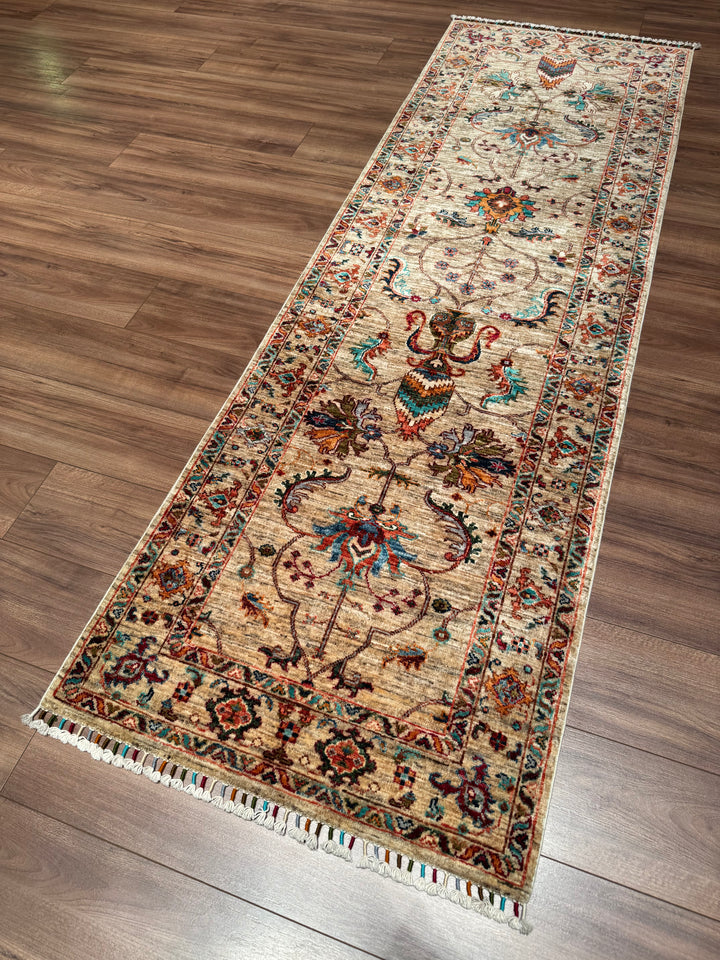 Sultani Binbirgece Runner Original Hand-Woven Beige Vegetable Dyed Wool Carpet 0.80x253 2.02 Square Meters - 3x8 ft