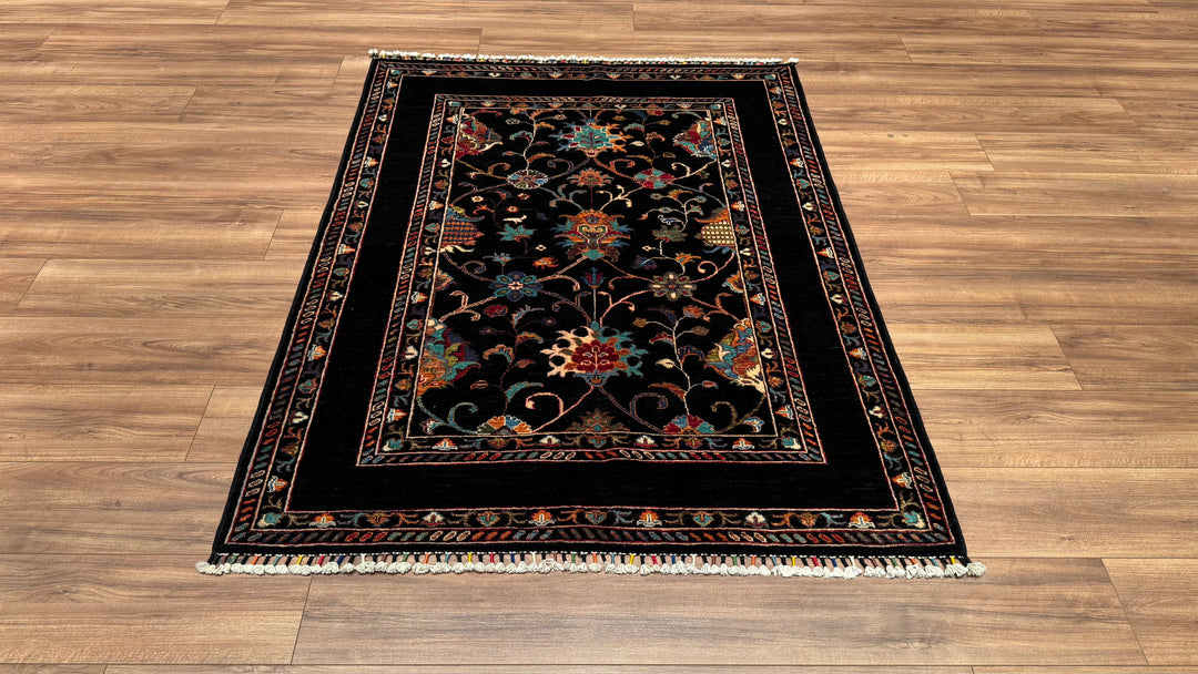 Sultani Binbirgece Orjinal El Dokuması Siyah Kök Boya Yün Halı 131x170 2.23 Metrekare - 4x6 ft