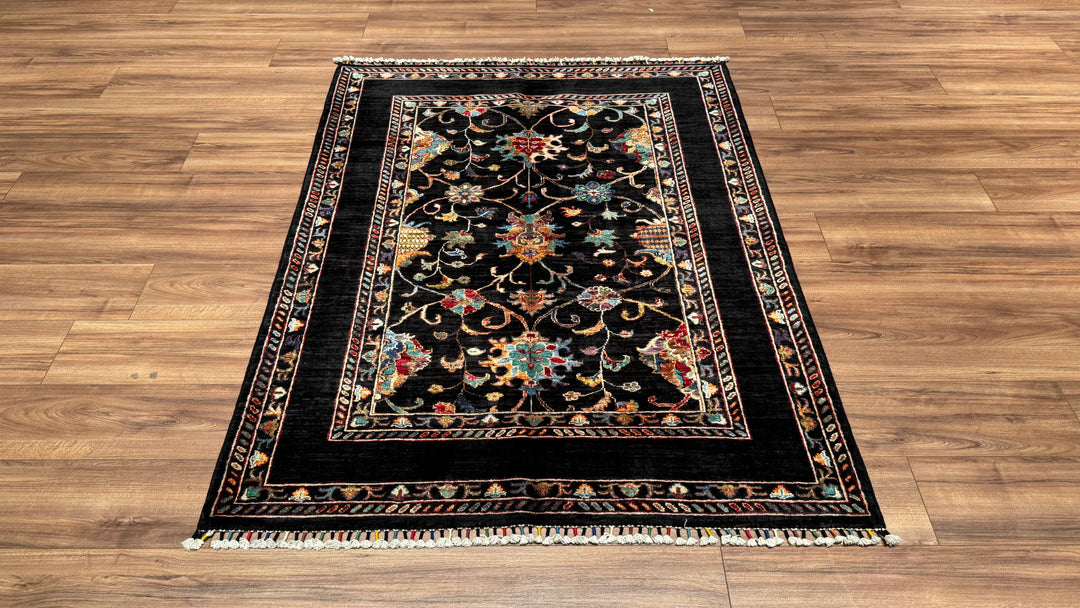 Sultani Binbirgece Original Hand Woven Black Vegetable Dyed Wool Carpet 131x170 2.23 Square Meters - 4x6 ft