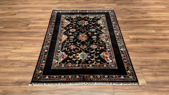 Sultani Binbirgece Orjinal El Dokuması Siyah Kök Boya Yün Halı 131x170 2.23 Metrekare - 4x6 ft