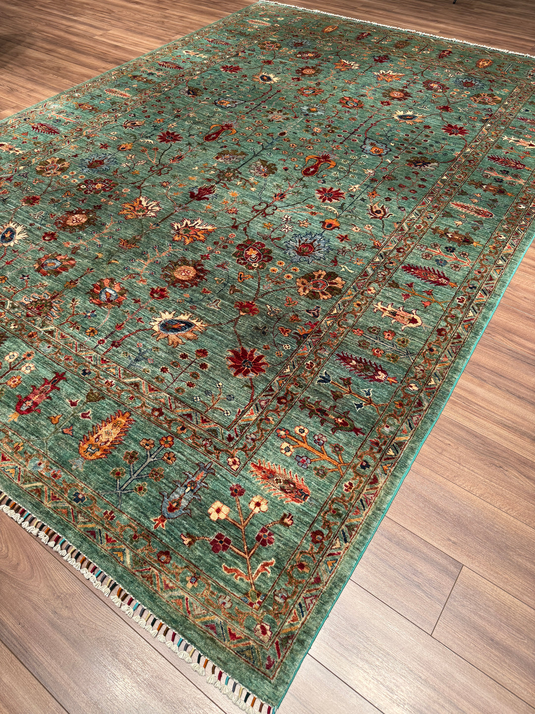 Sultani Çiçekli Orijinal El Dokuması Turkuaz Kök Boya Yün Halı 270x383 10.34 Metrekare - 9x13 ft