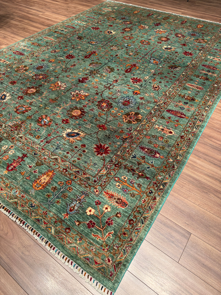 Sultani Çiçekli Orijinal El Dokuması Turkuaz Kök Boya Yün Halı 270x383 10.34 Metrekare - 9x13 ft