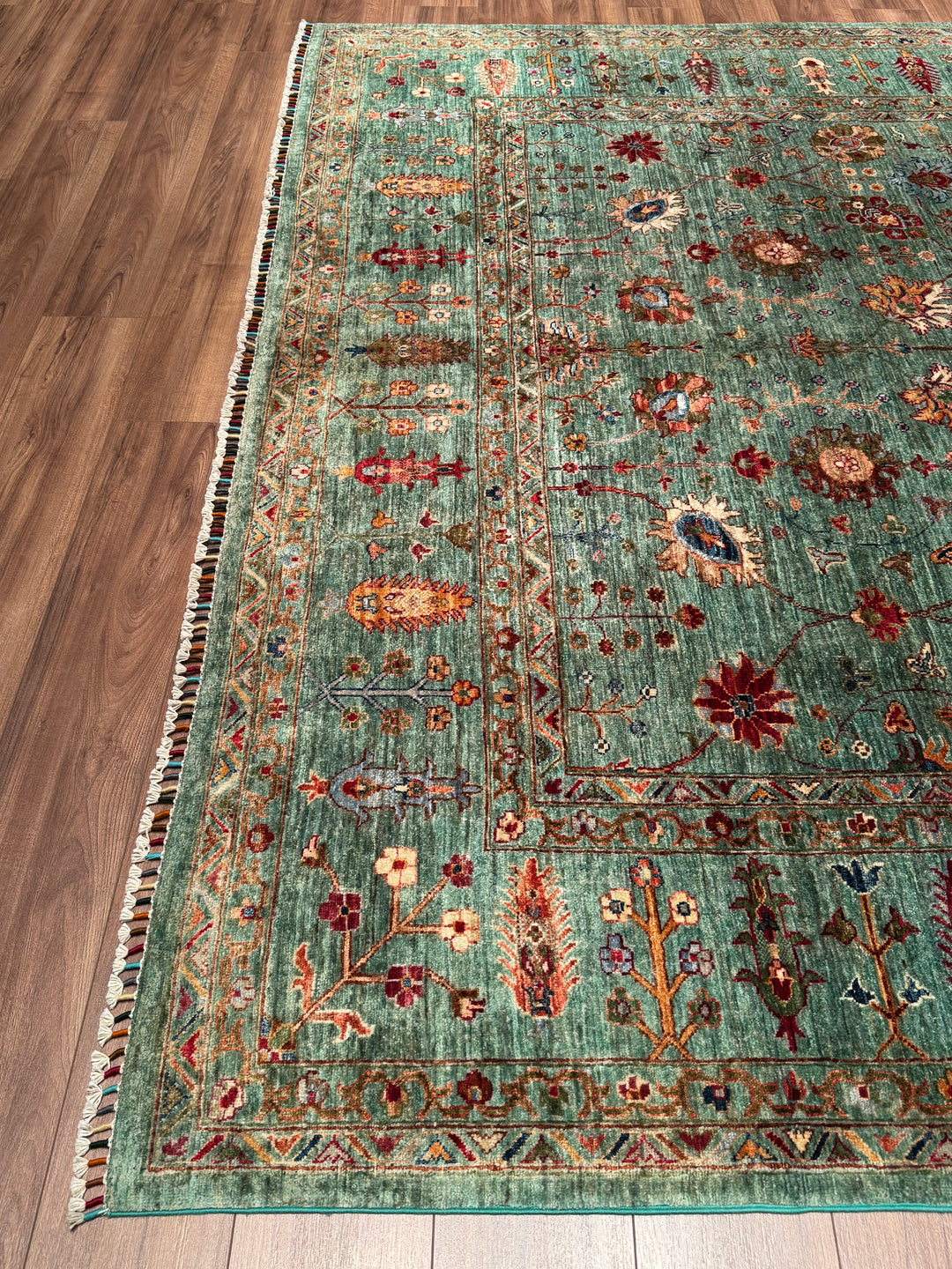 Sultani Çiçekli Orijinal El Dokuması Turkuaz Kök Boya Yün Halı 270x383 10.34 Metrekare - 9x13 ft