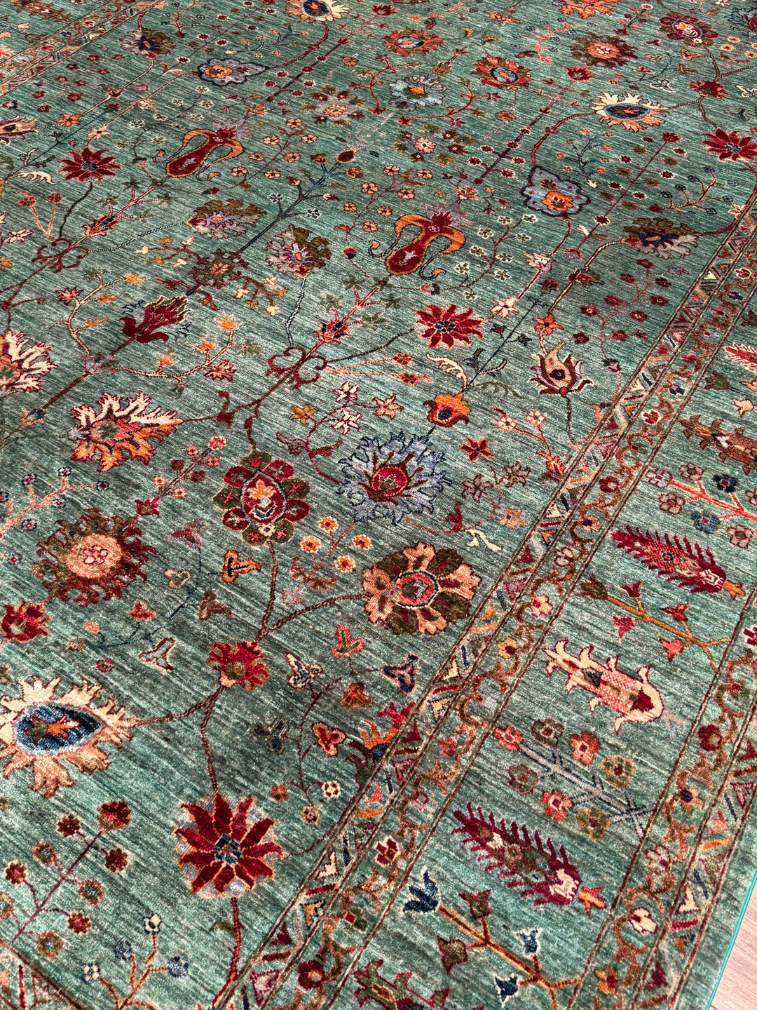 Sultani Çiçekli Orijinal El Dokuması Turkuaz Kök Boya Yün Halı 270x383 10.34 Metrekare - 9x13 ft