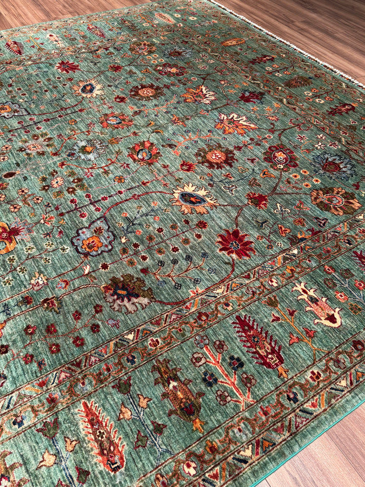 Sultani Çiçekli Orijinal El Dokuması Turkuaz Kök Boya Yün Halı 270x383 10.34 Metrekare - 9x13 ft