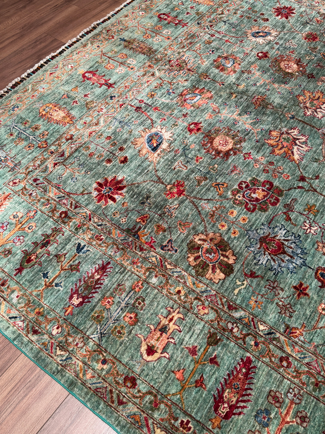 Sultani Çiçekli Orijinal El Dokuması Turkuaz Kök Boya Yün Halı 270x383 10.34 Metrekare - 9x13 ft