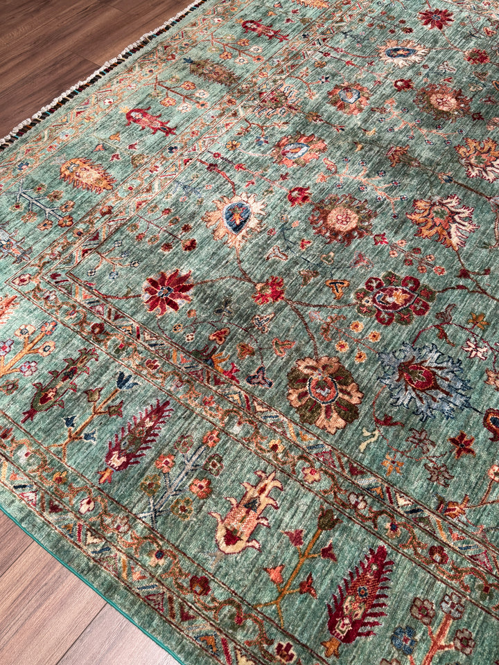 Sultani Çiçekli Orijinal El Dokuması Turkuaz Kök Boya Yün Halı 270x383 10.34 Metrekare - 9x13 ft