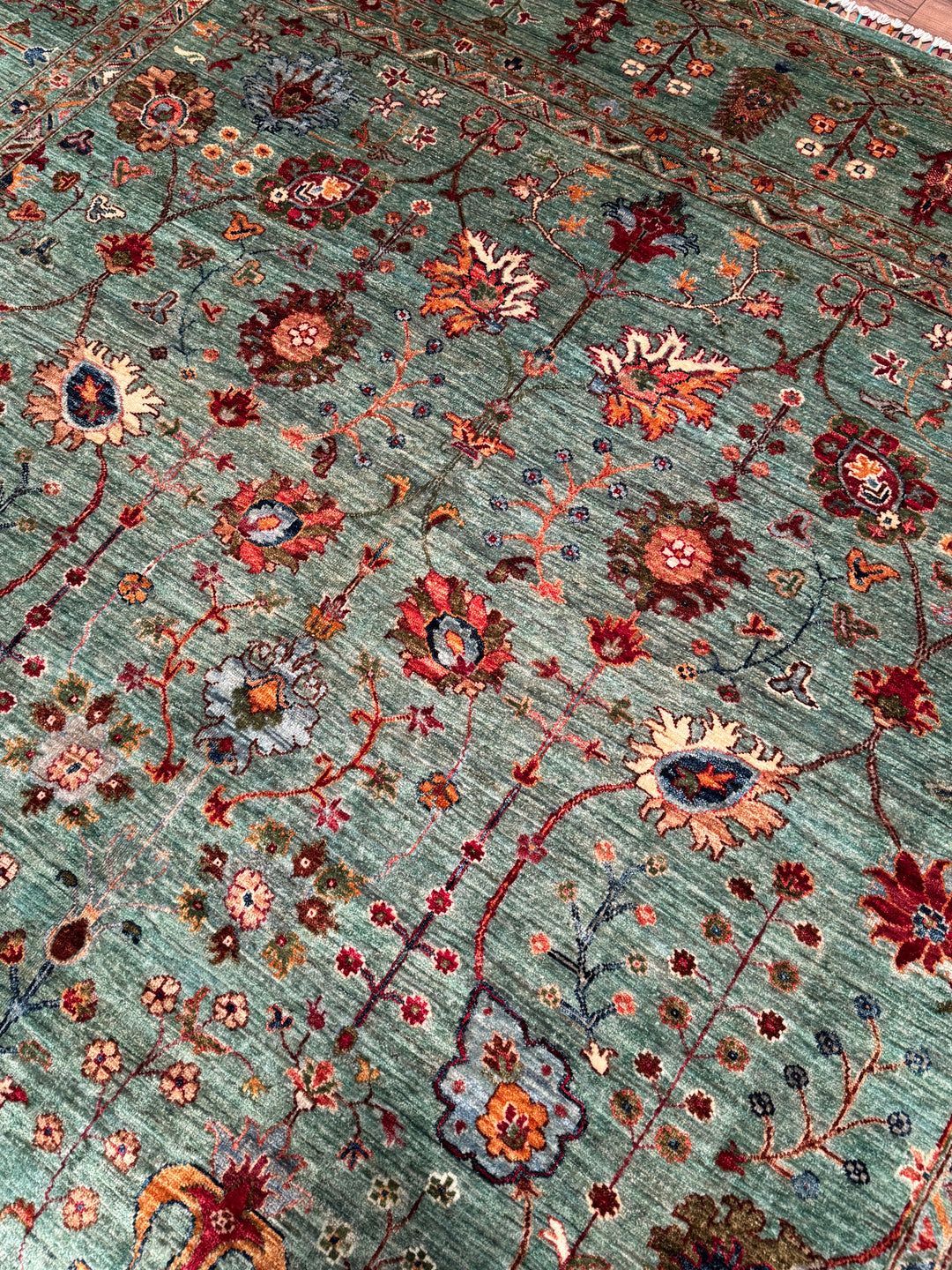 Sultani Çiçekli Orijinal El Dokuması Turkuaz Kök Boya Yün Halı 270x383 10.34 Metrekare - 9x13 ft