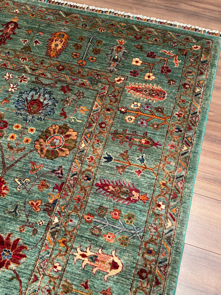 Sultani Çiçekli Orijinal El Dokuması Turkuaz Kök Boya Yün Halı 270x383 10.34 Metrekare - 9x13 ft