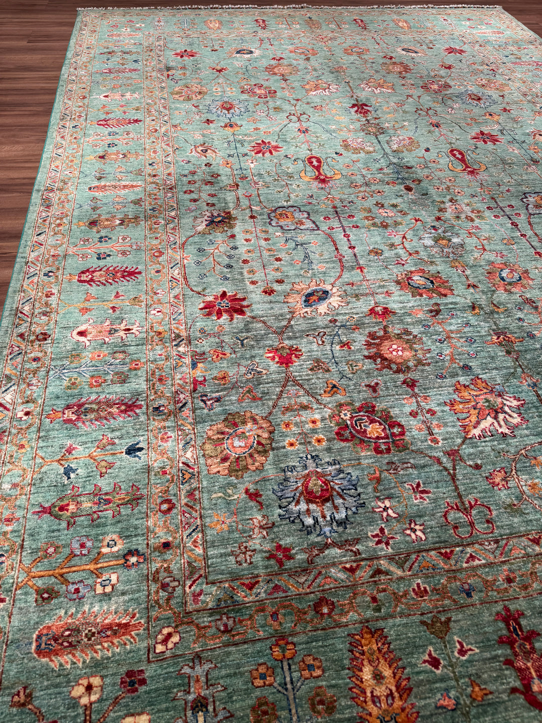 Sultani Çiçekli Orijinal El Dokuması Turkuaz Kök Boya Yün Halı 270x383 10.34 Metrekare - 9x13 ft