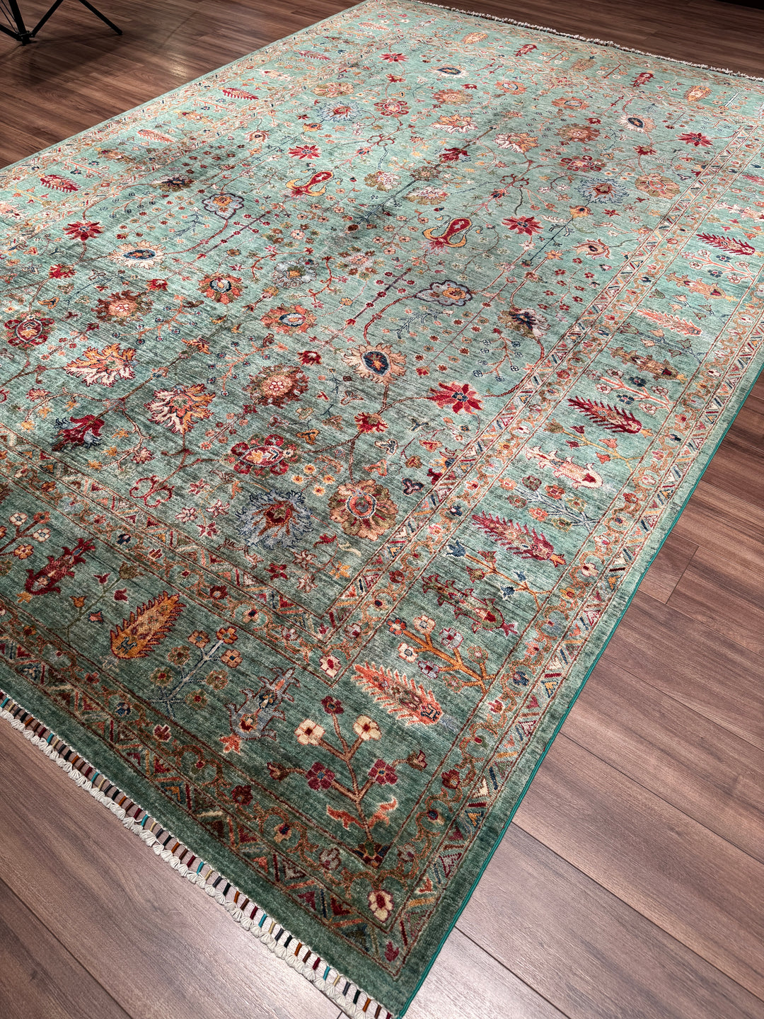 Sultani Çiçekli Orijinal El Dokuması Turkuaz Kök Boya Yün Halı 270x383 10.34 Metrekare - 9x13 ft
