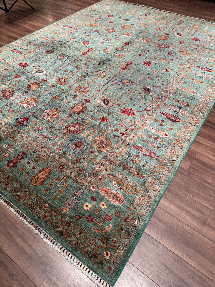 Sultani Çiçekli Orijinal El Dokuması Turkuaz Kök Boya Yün Halı 270x383 10.34 Metrekare - 9x13 ft