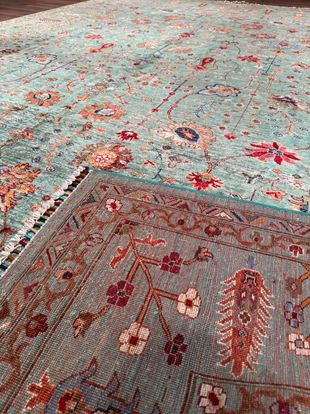 Sultani Çiçekli Orijinal El Dokuması Turkuaz Kök Boya Yün Halı 270x383 10.34 Metrekare - 9x13 ft