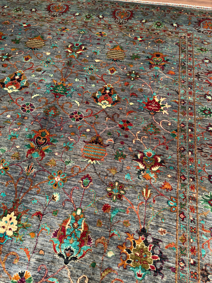 Sultani Binbirgece Orijinal El Dokuması Gri Kök Boya Yün Halı 275x370 10.18 Metrekare - 9x13 ft