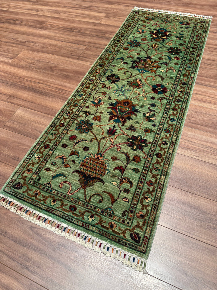 سجادة سلطاني بينبيرجيس رانر الأصلية المصنوعة يدويًا من الصوف الأخضر المصبوغ بالجذور 0.73 × 202 سم 1.47 متر مربع - 2 × 6 قدم 