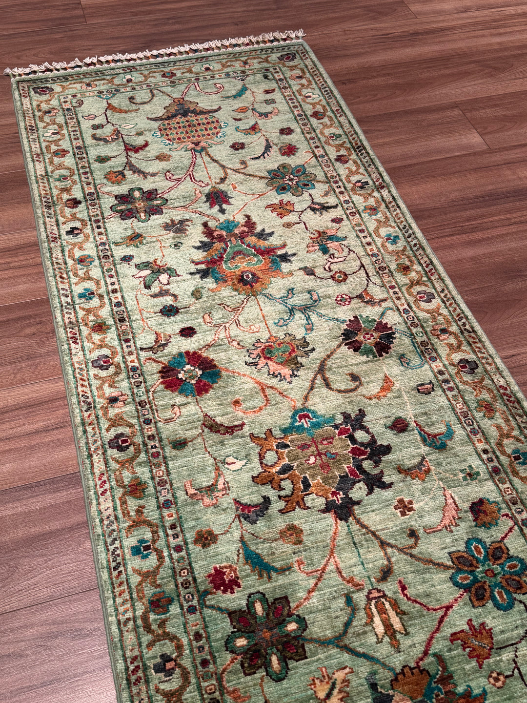 سجادة سلطاني بينبيرجيس رانر الأصلية المصنوعة يدويًا من الصوف الأخضر المصبوغ بالجذور 0.73 × 202 سم 1.47 متر مربع - 2 × 6 قدم 