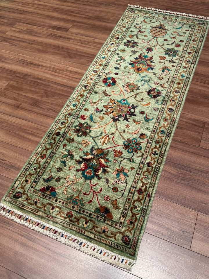 سجادة سلطاني بينبيرجيس رانر الأصلية المصنوعة يدويًا من الصوف الأخضر المصبوغ بالجذور 0.73 × 202 سم 1.47 متر مربع - 2 × 6 قدم 