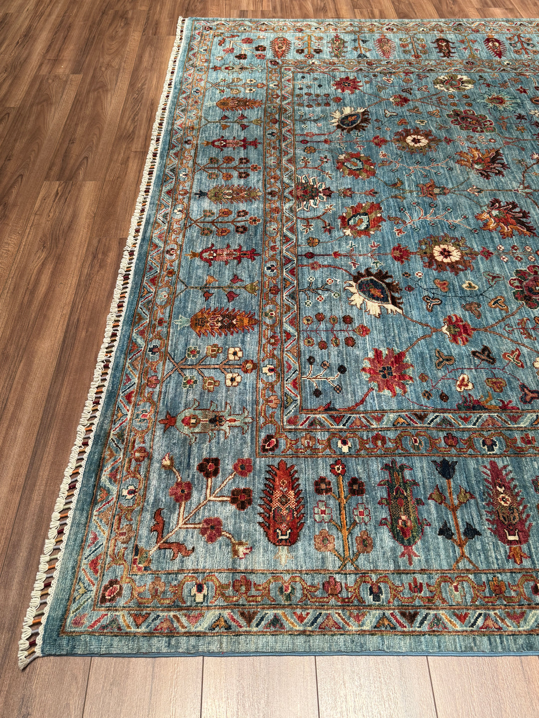 Sultani Çiçekli Orijinal El Dokuması Mavi Kök Boya Yün Halı 269x352 9.47 Metrekare - 9x12 ft