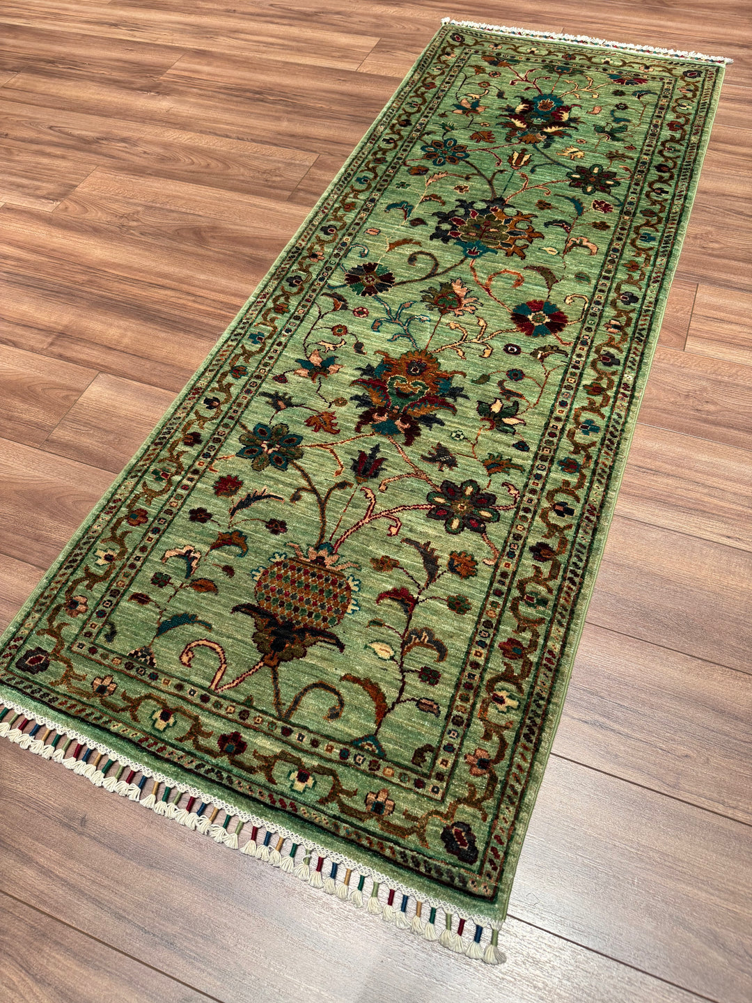 سجادة سلطاني بينبيرجيس رانر الأصلية المصنوعة يدويًا من الصوف الأخضر المصبوغ بالجذور 0.75 × 202 سم 1.52 متر مربع - 2 × 6 قدم 