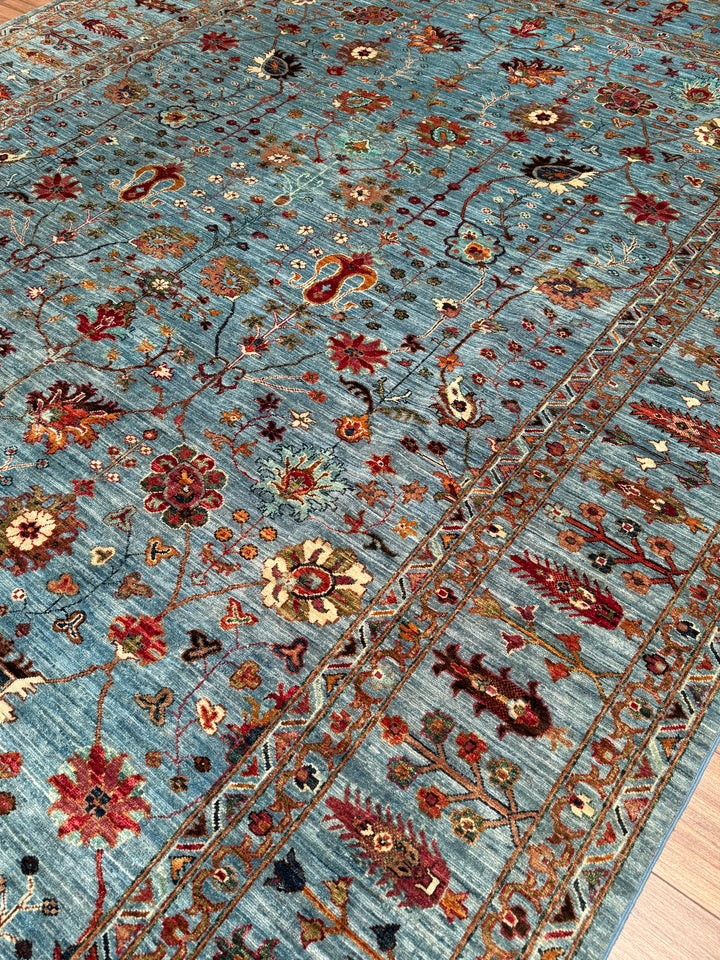 Sultani Çiçekli Orijinal El Dokuması Mavi Kök Boya Yün Halı 269x352 9.47 Metrekare - 9x12 ft