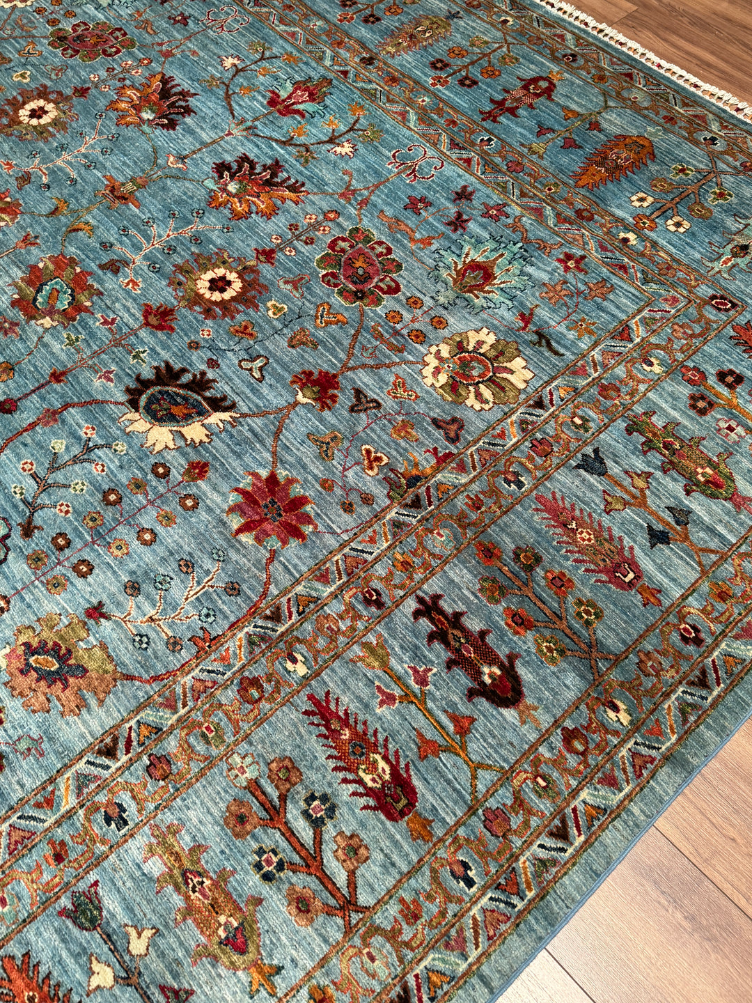 Sultani Çiçekli Orijinal El Dokuması Mavi Kök Boya Yün Halı 269x352 9.47 Metrekare - 9x12 ft