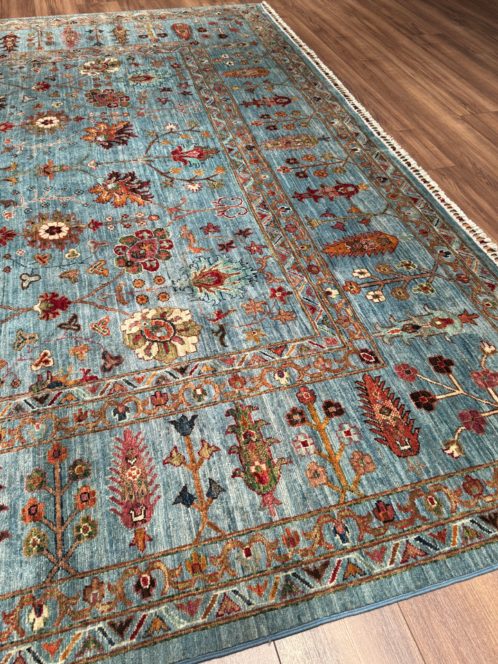 Sultani Çiçekli Orijinal El Dokuması Mavi Kök Boya Yün Halı 269x352 9.47 Metrekare - 9x12 ft