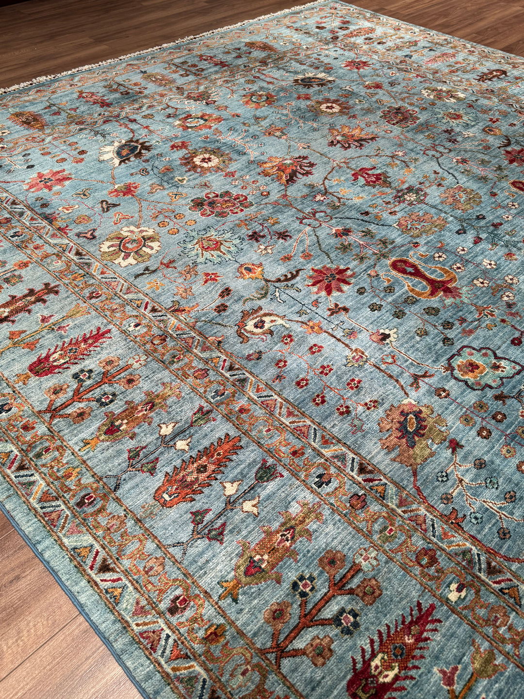 Sultani Çiçekli Orijinal El Dokuması Mavi Kök Boya Yün Halı 269x352 9.47 Metrekare - 9x12 ft