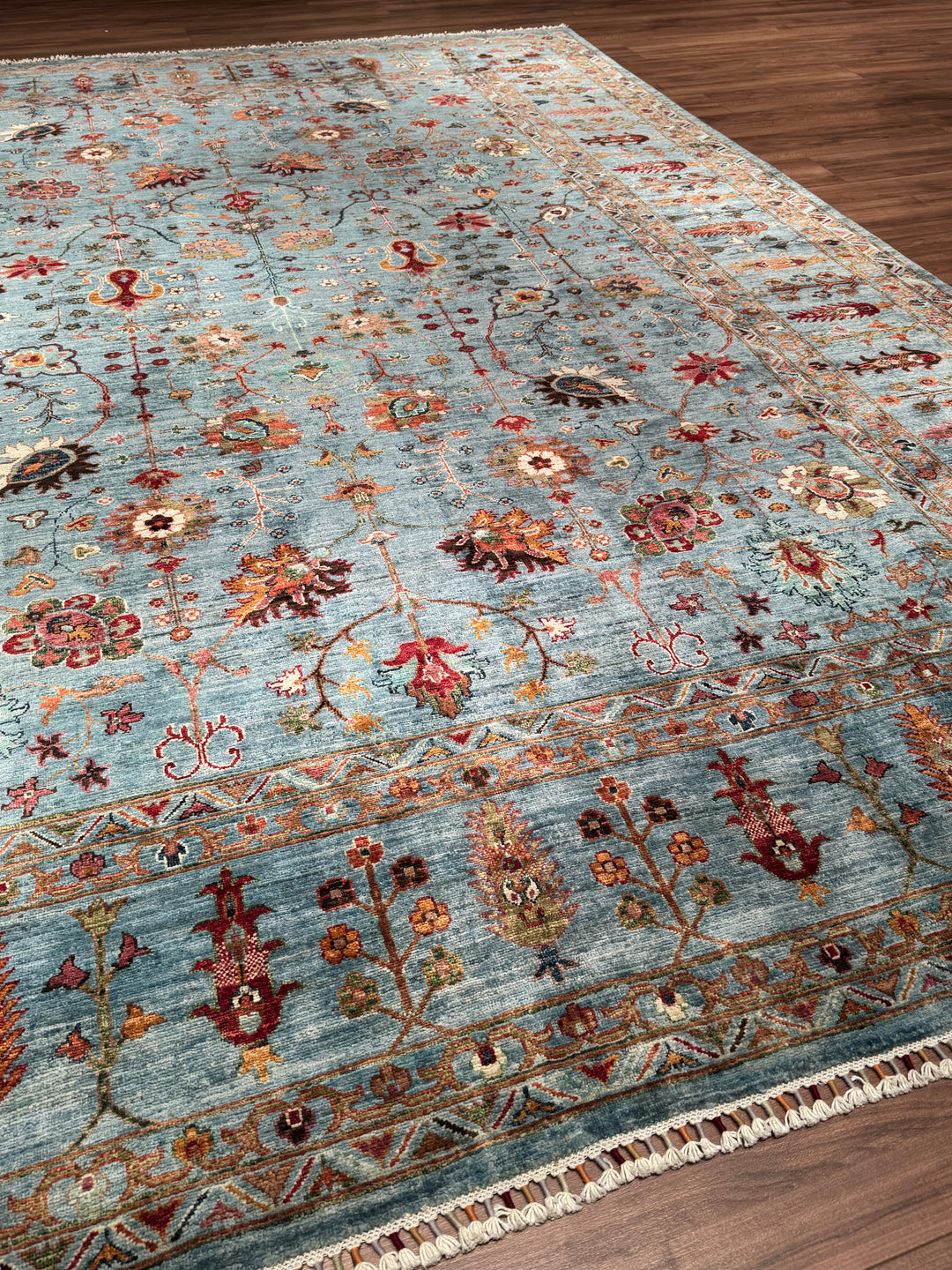 Sultani Çiçekli Orijinal El Dokuması Mavi Kök Boya Yün Halı 269x352 9.47 Metrekare - 9x12 ft