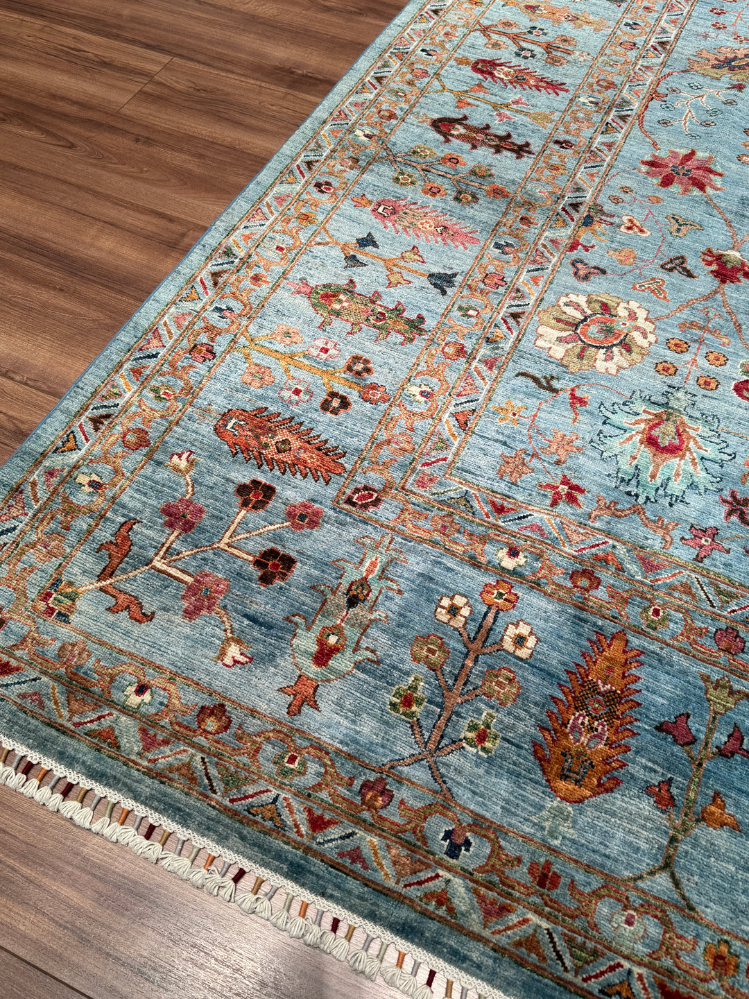 Sultani Çiçekli Orijinal El Dokuması Mavi Kök Boya Yün Halı 269x352 9.47 Metrekare - 9x12 ft