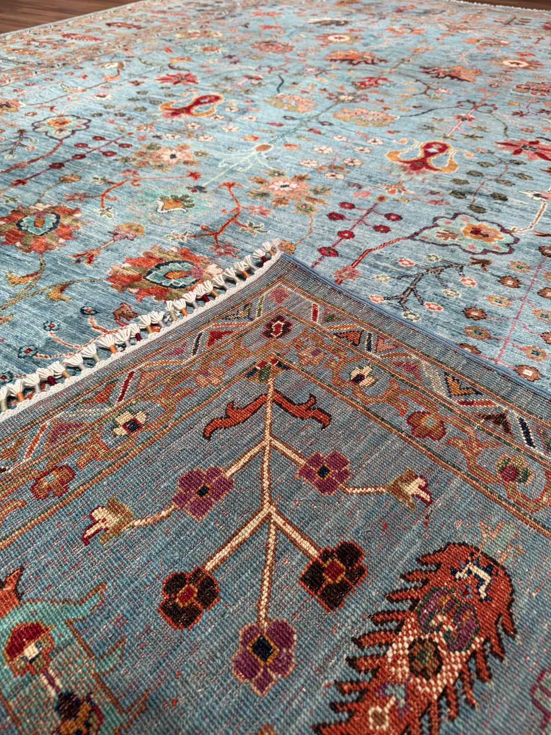 Sultani Çiçekli Orijinal El Dokuması Mavi Kök Boya Yün Halı 269x352 9.47 Metrekare - 9x12 ft