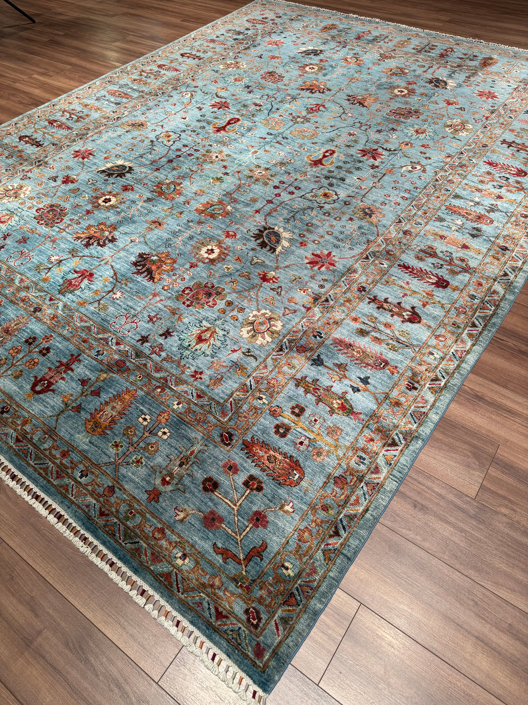 Sultani Çiçekli Orijinal El Dokuması Mavi Kök Boya Yün Halı 269x352 9.47 Metrekare - 9x12 ft