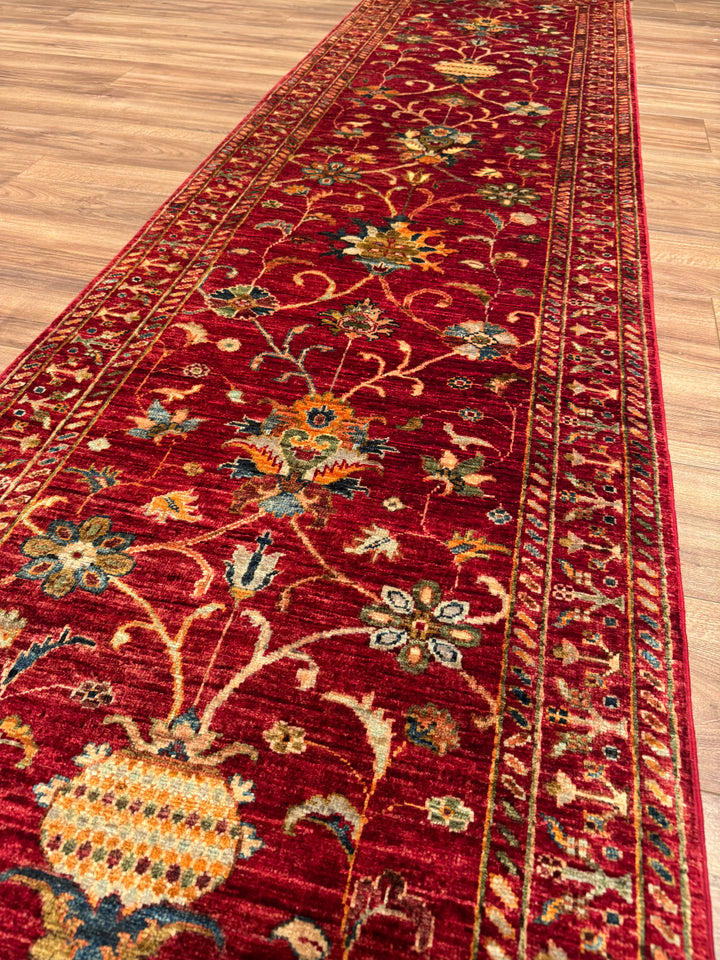 Sultani Binbirgece Runner Original Hand-Woven Red Vegetable Dyed Wool Carpet 0.83x307 2.55 Square Meters - 3x10 ft