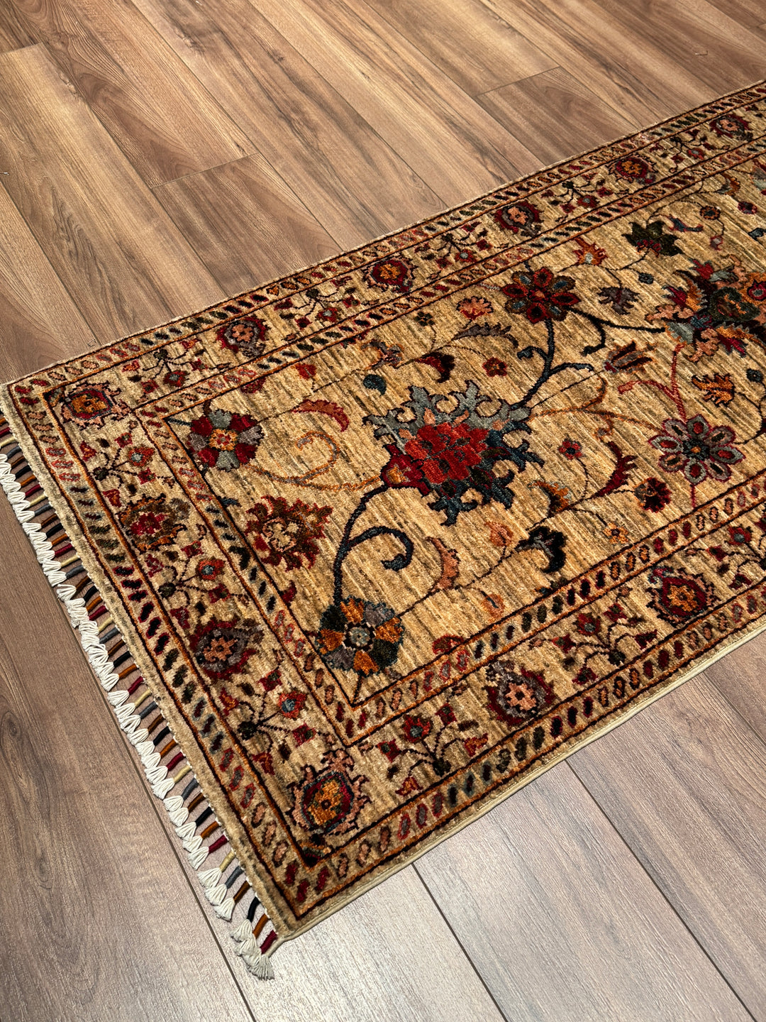 Sultani Binbirgece Uzun Yolluk Orijinal El Dokuması Bej Kök Boya Yün Halı 0.78x485 3.78 Metrekare - 3x13 ft