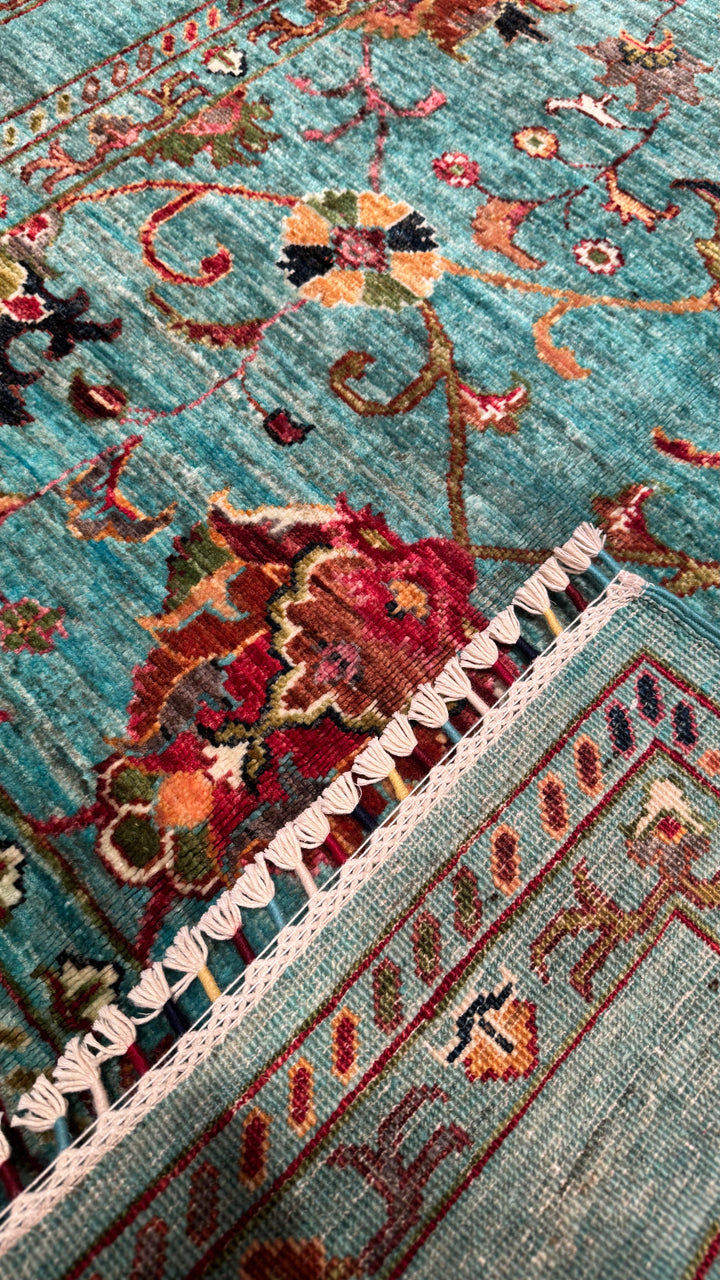 Sultani Binbirgece Original Hand Woven Turquoise Vegetable Dyed Wool Carpet 125x182 2.28 Square Meters - 4x6 ft