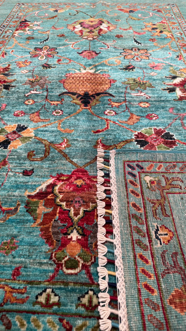 Sultani Binbirgece Original Hand Woven Turquoise Vegetable Dyed Wool Carpet 125x182 2.28 Square Meters - 4x6 ft