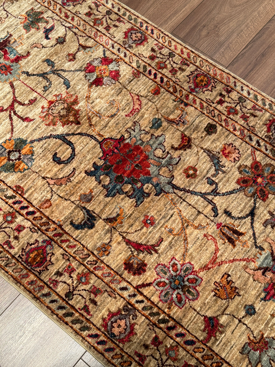 Sultani Binbirgece Uzun Yolluk Orijinal El Dokuması Bej Kök Boya Yün Halı 0.78x486 3.79 Metrekare - 3x13 ft