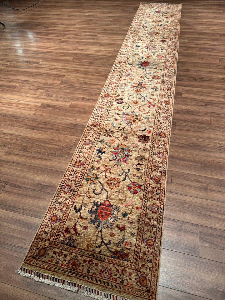 Sultani Binbirgece Uzun Yolluk Orijinal El Dokuması Bej Kök Boya Yün Halı 0.78x486 3.79 Metrekare - 3x13 ft