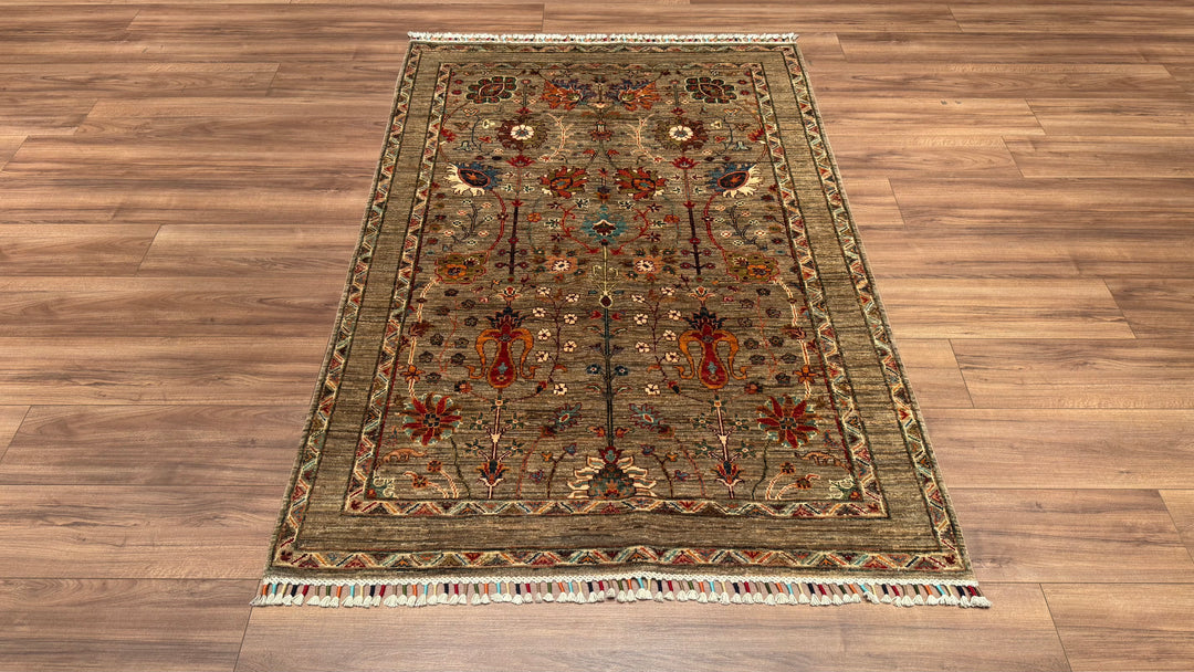 Sultani Floral Original Hand Woven Beige Vegetable Dyed Wool Carpet 130x180 2.34 Square Meters - 4x6 ft