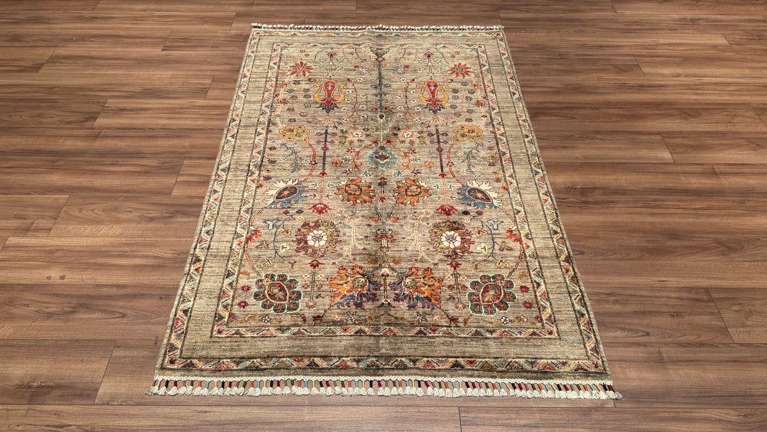 Sultani Floral Original Hand Woven Beige Vegetable Dyed Wool Carpet 130x180 2.34 Square Meters - 4x6 ft