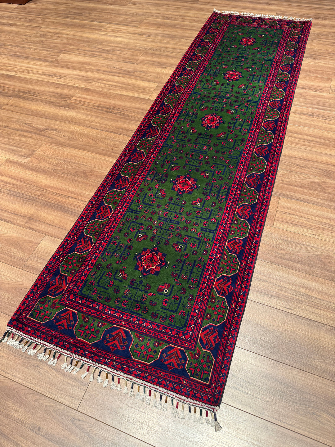 Afgan Halısı Yeşil Hamyap Yolluk Orijinal El Dokuması Kök Boya Yün 0.84x297 2.49 Metrekare - 3x10 ft